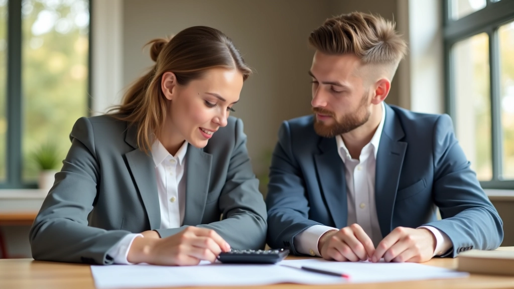 Dva lidé sedí u stolu s dokumenty a kalkulačkou, plánují své finance