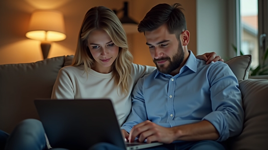 Muž a žena se dívají na graf růstu investic na notebooku v útulném prostředí