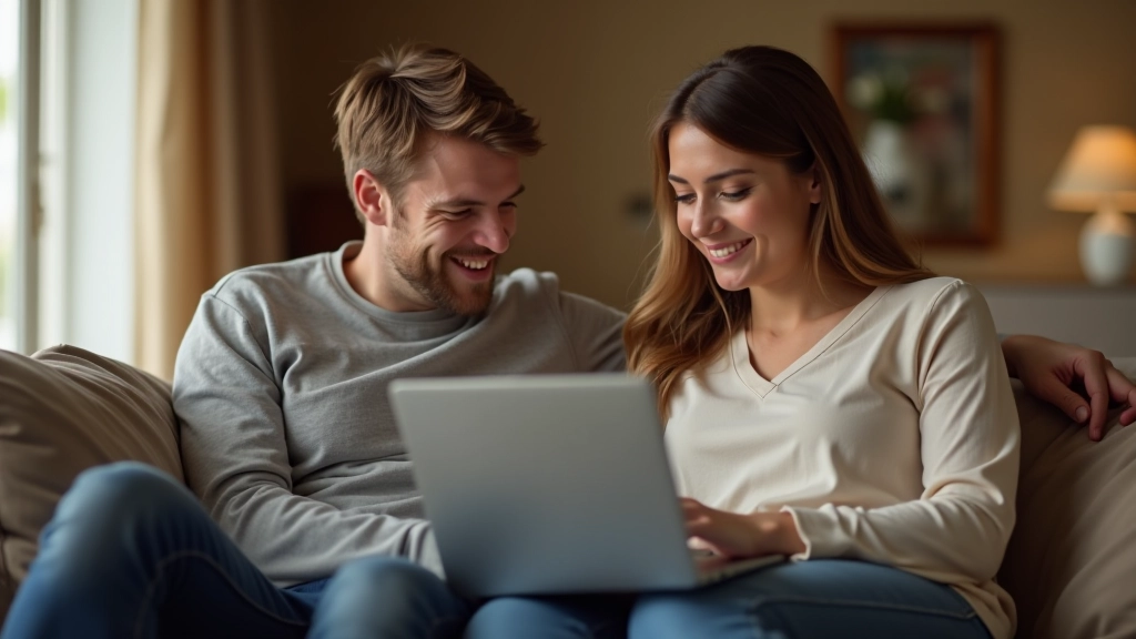 Dva lidé si povídají a usměvají se, sedí na pohovce s laptopem a dokumenty