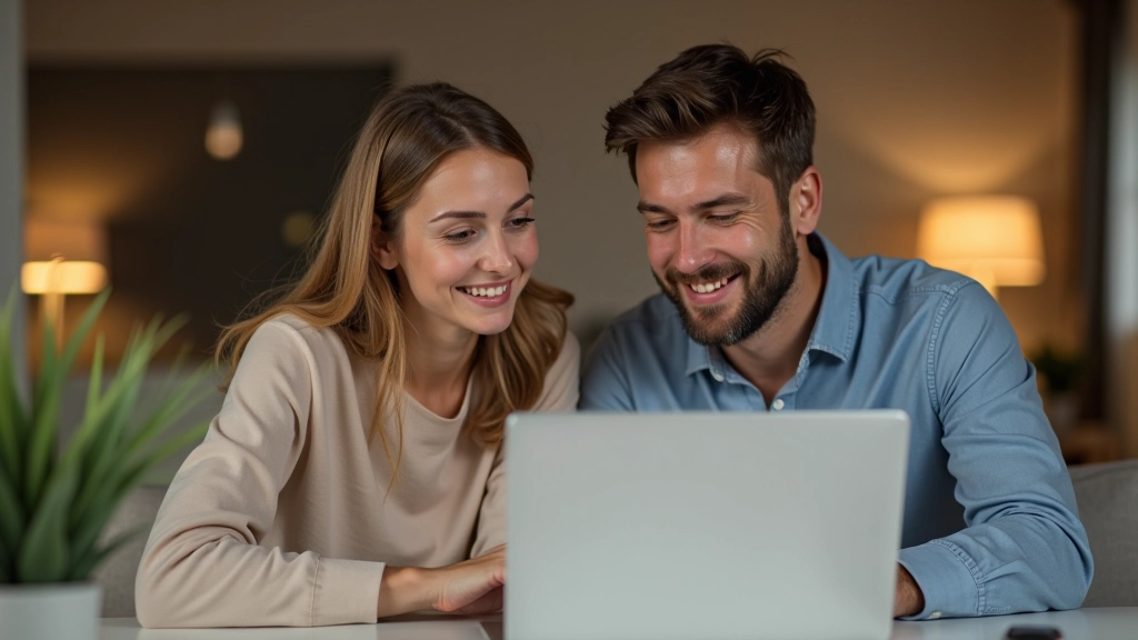 Pár se podívá na graf s pozitivním trendem na obrazovce notebooku a usměje se