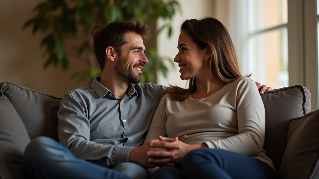 Pár v obývacím pokoji sedí na pohovce a diskutuje o svých finančních cílech pomocí poznámek