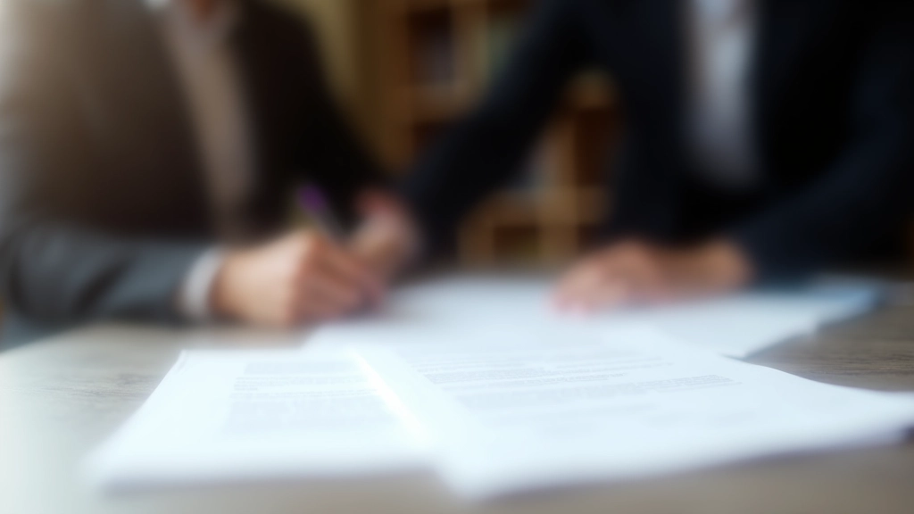 Právní dokumenty s podpisovacím perem na stole s kancelářským prostředím